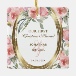 Onze eerste kerstgehuwde Blush Floral Bijbel Keramisch Ornament