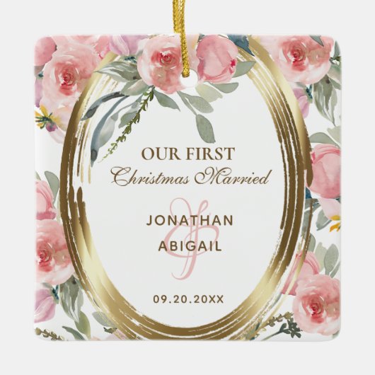 Onze eerste kerstgehuwde Blush Floral Bijbel Keramisch Ornament (Voorkant)