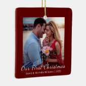 Onze eerste kerstgehuwde paardefoto keramisch ornament (Rechts)