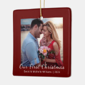 Onze eerste kerstgehuwde paardefoto keramisch ornament (Links)