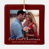 Onze eerste kerstgehuwde paardefoto keramisch ornament (Achterkant)