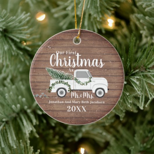 Onze eerste kerstgehuwde paardenwagen keramisch ornament (Boom)