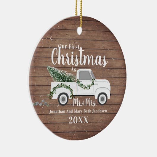 Onze eerste kerstgehuwde paardenwagen keramisch ornament (Rechts)