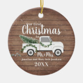 Onze eerste kerstgehuwde paardenwagen keramisch ornament (Voorkant)