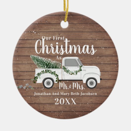 Onze eerste kerstgehuwde paardenwagen keramisch ornament (Voorkant)