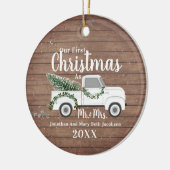 Onze eerste kerstgehuwde paardenwagen keramisch ornament (Links)