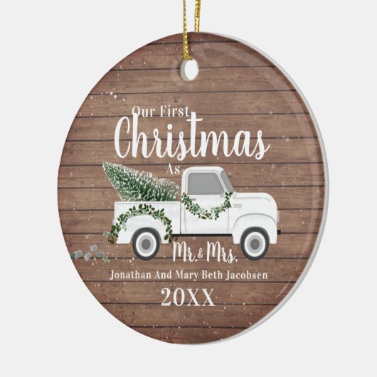 Onze eerste kerstgehuwde paardenwagen keramisch ornament (Links)