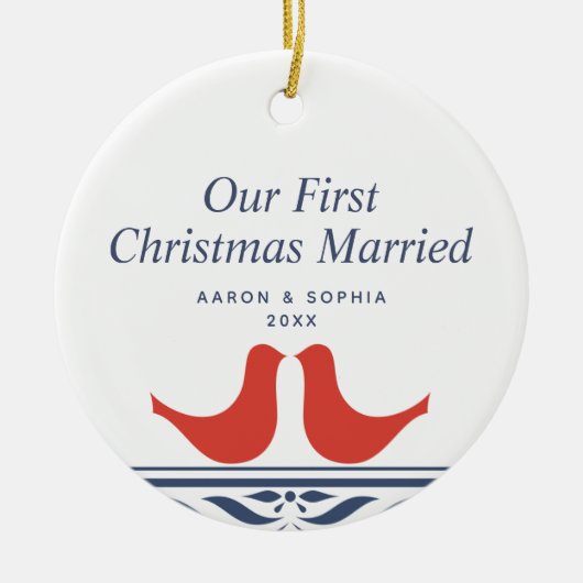 Onze eerste kerstgehuwde persoonlijke duiven keramisch ornament (Voorkant)