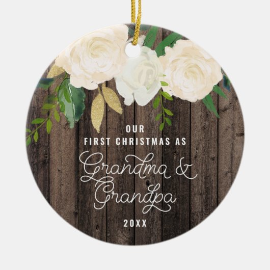 Onze eerste kerstgrootmoeder en opa op maat keramisch ornament (Voorkant)