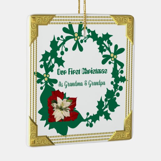 Onze eerste Kerstgrootouder White Poinsettia Keramisch Ornament (Rechts)