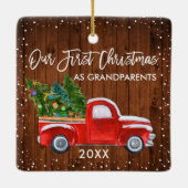 Onze eerste kerstgrootouders hadden een houtswagen keramisch ornament (Achterkant)