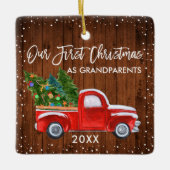 Onze eerste kerstgrootouders hadden een houtswagen keramisch ornament (Voorkant)