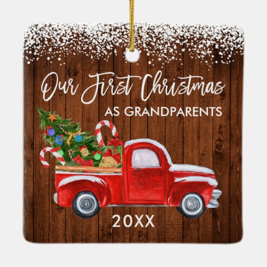 Onze eerste kerstgrootouders hadden een sneeuwwage keramisch ornament (Achterkant)