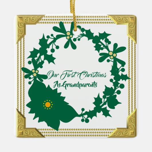 Onze eerste kerstgrootouders Poinsettia Holly Keramisch Ornament (Voorkant)