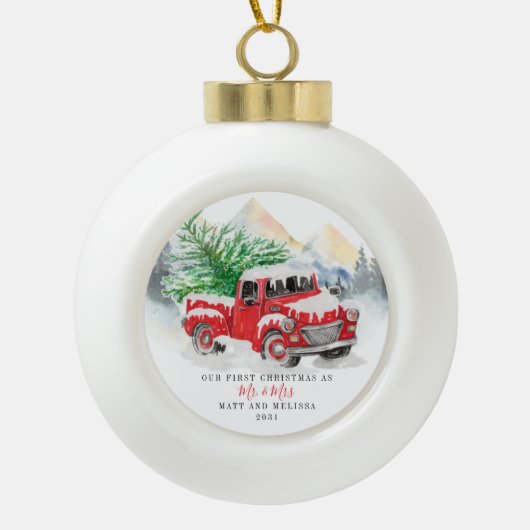Onze eerste kersthuwelijksreis Red Truck Keramische Bal Ornament (Voorkant)