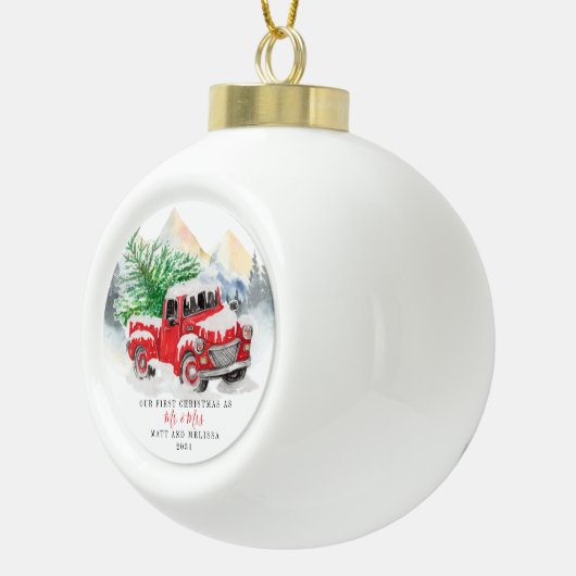 Onze eerste kersthuwelijksreis Red Truck Keramische Bal Ornament (Rechts)
