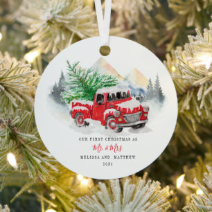 Onze eerste kersthuwelijksreis Red Truck Metalen Ornament