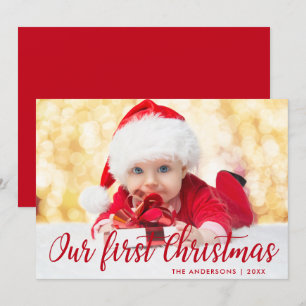 Onze eerste kerstkaart met rood script kaart