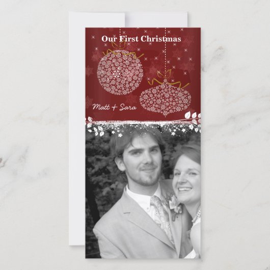 Onze eerste kerstkaartje met witte siernamen feestdagenkaart (Voorkant)