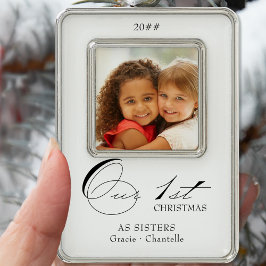 Onze eerste kerstkalligrafie Foto en namen Verzilverd Omlijst Ornament