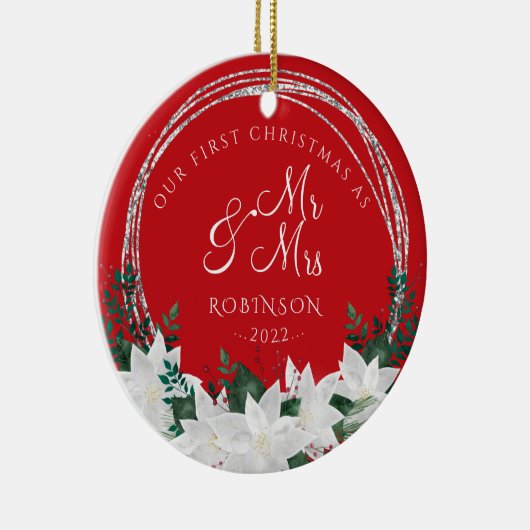 Onze eerste kerstkerst Pas getrouwd Keramisch Ornament (Rechts)