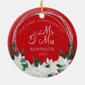 Onze eerste kerstkerst Pas getrouwd Keramisch Ornament (Achterkant)