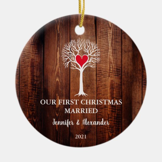 Onze eerste kerstkerstman trouwde met houtliefdesb keramisch ornament (Voorkant)