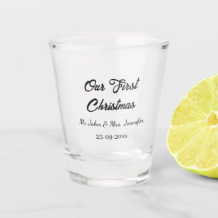 Onze eerste kerstman meneer en mevrouw koppel naam shot glas