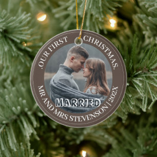 Onze eerste kerstman, Mr. en Mrs. nieuwgehuwd eleg Keramisch Ornament