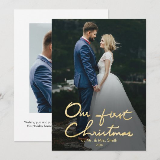Onze eerste kerstman Mr. & Mrs Holiday-fotokaart Feestdagenkaart (Voorkant / Achterkant)
