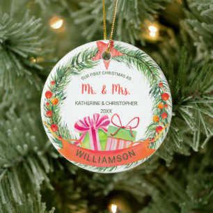 Onze eerste kerstman Mr. & Mrs.    Wreath Keramisch Ornament