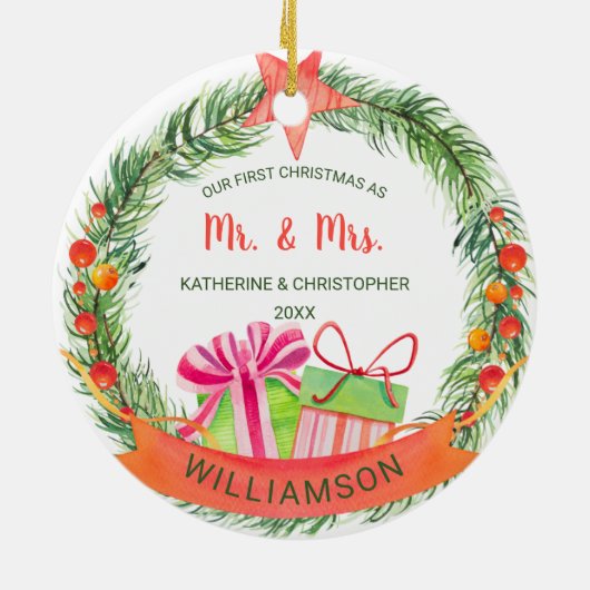 Onze eerste kerstman Mr. & Mrs. |  Wreath Keramisch Ornament (Achterkant)