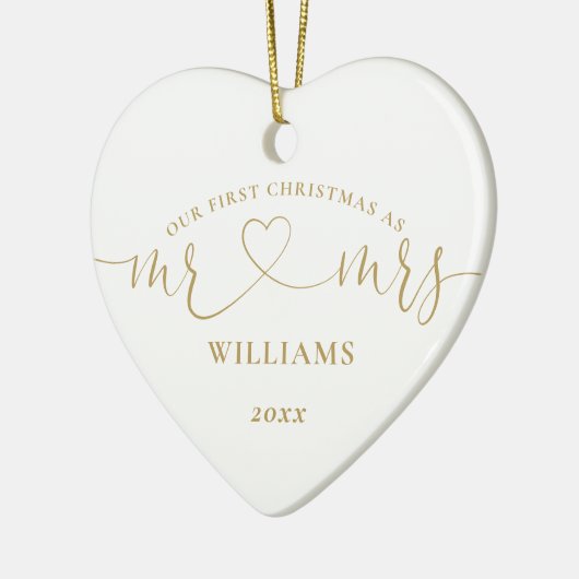 Onze eerste kerstman, Mrs Gold Love Heart Script Keramisch Ornament (Links)