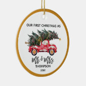 Onze eerste kerstman, Mrs Red Truck Hand-Lettered Keramisch Ornament (Rechts)
