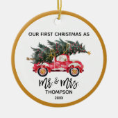 Onze eerste kerstman, Mrs Red Truck Hand-Lettered Keramisch Ornament (Voorkant)