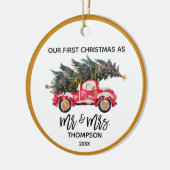 Onze eerste kerstman, Mrs Red Truck Hand-Lettered Keramisch Ornament (Links)