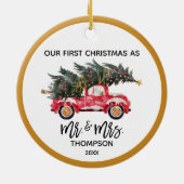 Onze eerste kerstman, Mrs Red Truck Hand-Lettered Keramisch Ornament (Achterkant)