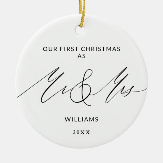 Onze eerste kerstminimalist Mr en Mrs. Keramisch Ornament (Voorkant)