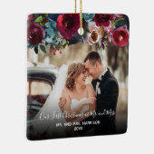 Onze eerste Kerstmis 2 Foto Burgundy Floral Keramisch Ornament (Rechts)