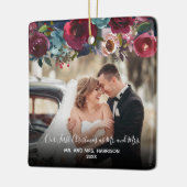 Onze eerste Kerstmis 2 Foto Burgundy Floral Keramisch Ornament (Links)