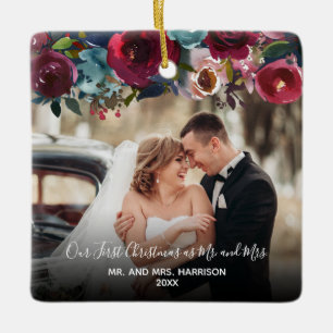 Onze eerste Kerstmis 2 Foto Burgundy Floral Keramisch Ornament