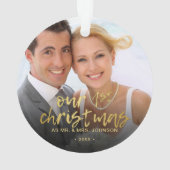 Onze Eerste Kerstmis 2 Foto Huwelijk Ornament (achterkant)