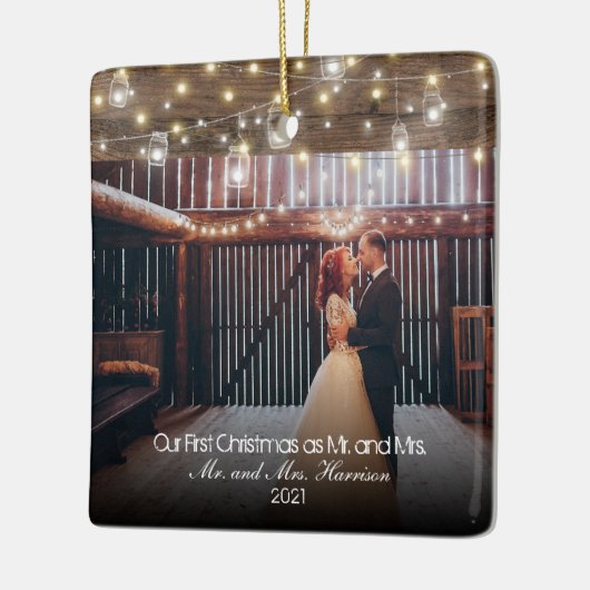 Onze eerste Kerstmis 2 Foto Passen getrouwd Lichte Keramisch Ornament (Links)