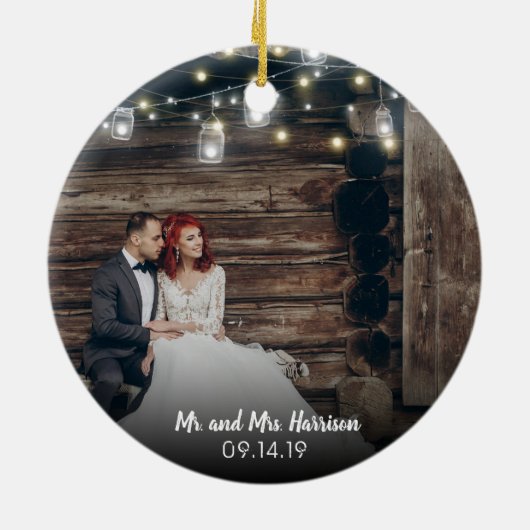 Onze eerste Kerstmis 2 Foto Passen getrouwd Lichte Keramisch Ornament (Achterkant)
