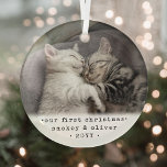 Onze eerste Kerstmis 2 katten of een foto van Pet  Glas Ornament<br><div class="desc">Viel de simpele vreugde van je jongste broedfamilieleden met een ornament van de douanefoto rond glas. Het keuken afbeelding en al tekst op deze sjabloon zijn eenvoudig te personaliseren. Verander bij voorkeur "Onze eerste Kerstmis" in een andere formulering of in een creëer-herdenkingsornament. Het kan worden aangepast om andere huisdieren, zoals...</div>