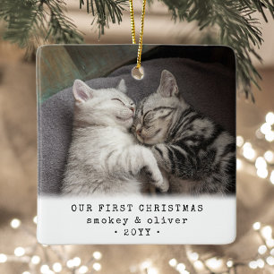 Onze eerste Kerstmis 2 katten of elk Pet Photo Squ Keramisch Ornament