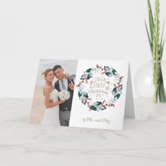 Onze eerste Kerstmis als de heer en mevrouw Wreath Kaart (Voorkant)