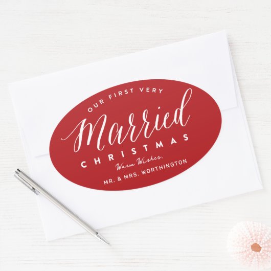Onze Eerste Kerstmis Als Echtpaar Mr & Mrs Huwelij Ovale Sticker (Envelop)