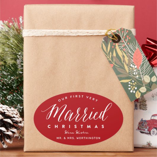Onze Eerste Kerstmis Als Echtpaar Mr & Mrs Huwelij Ovale Sticker (Feestdagen)
