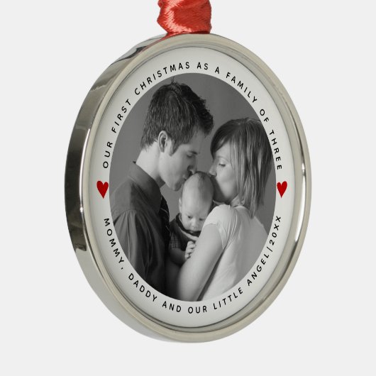 Onze eerste Kerstmis als een familie met rode hart Metalen Ornament (Rechts)